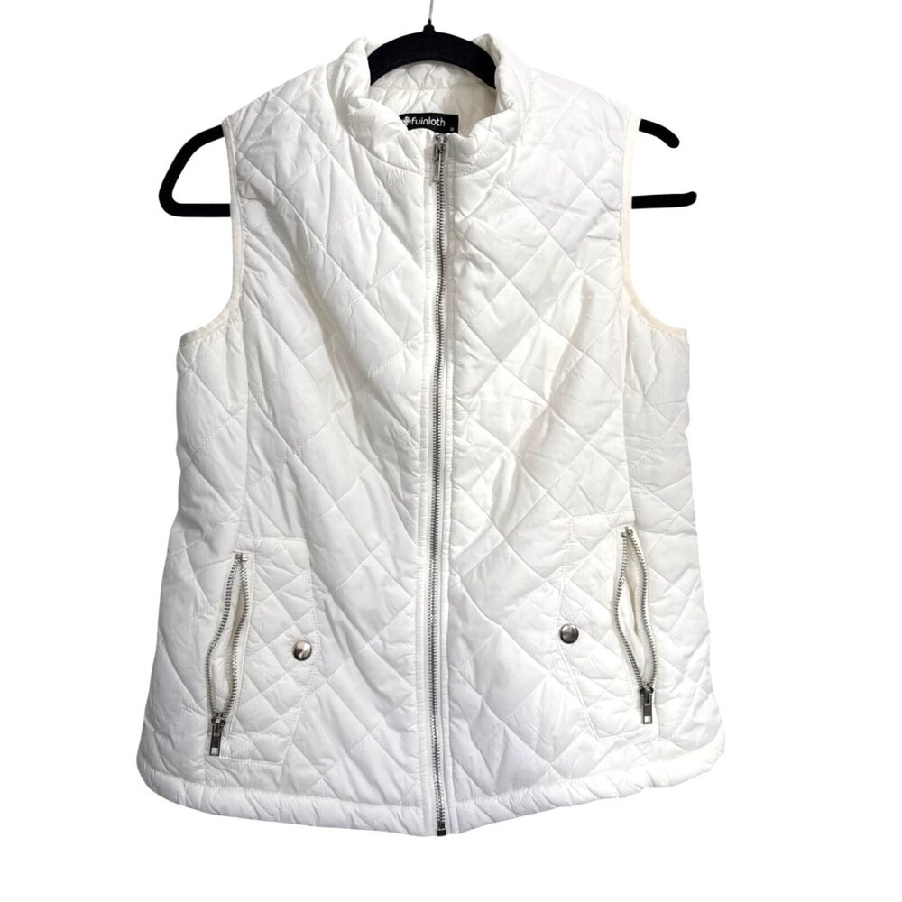 Fuinloth Womens Quilted White Sleeveless Vest Medium Zipper Closure Polyester Ma
